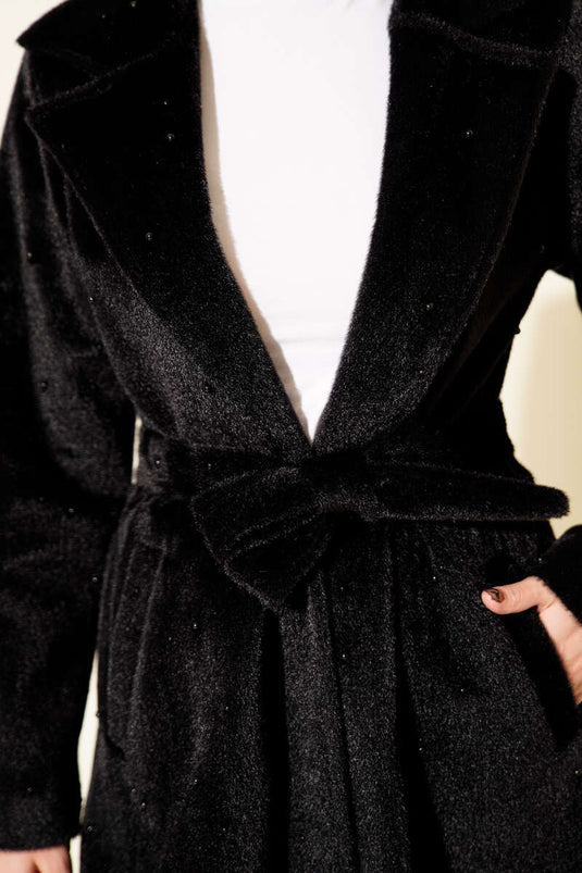 Goldfox Coat with Pearl Embellishment and Belt, Black
