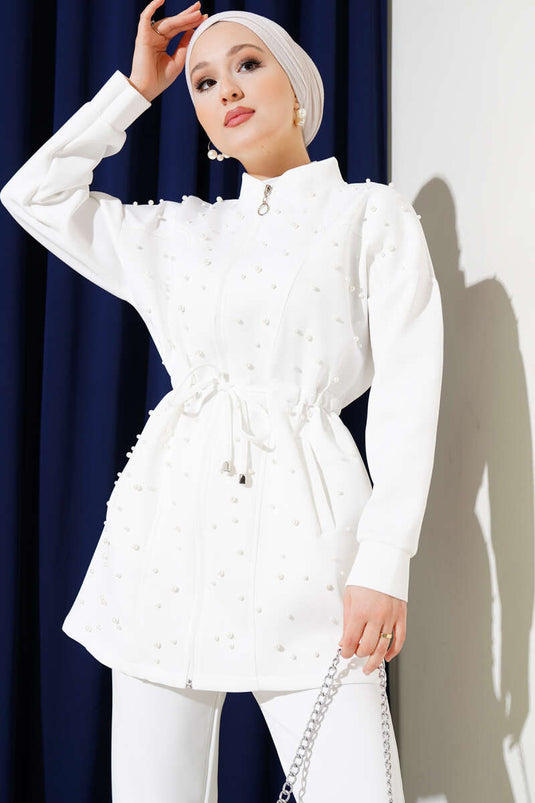 Pearl Embellished Scuba Two-Piece Set White