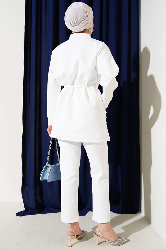 Pearl Embellished Scuba Two-Piece Set White