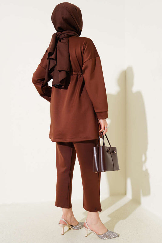 Pearl Embellished Scuba Two-Piece Set Brown