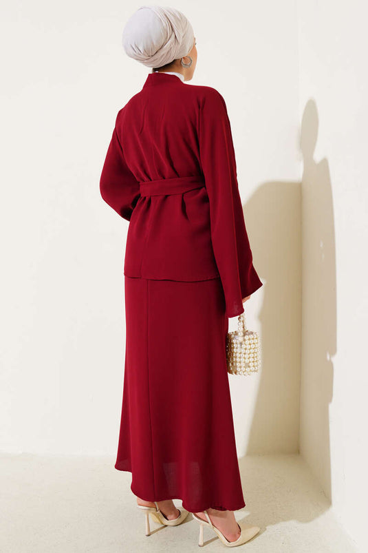 İnci Taşlı Süslemeli Etekli İkili Takım Bordo
