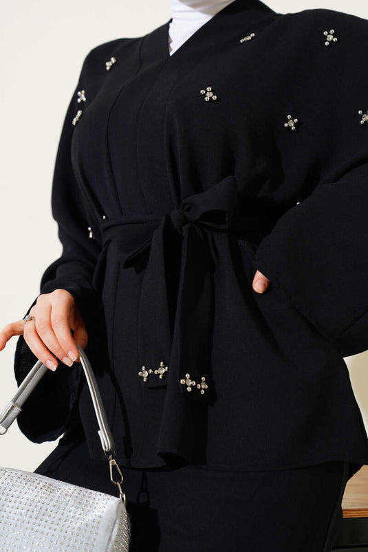 Zweiteiliges Set mit perlenbesetztem Rock, Schwarz