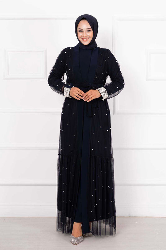 İncili Abaya Tesettür  İkili Takım Lacivert