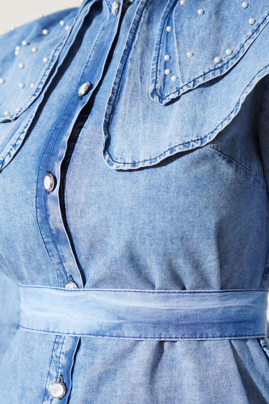 Ensemble double en denim avec col perlé et perles Bleu denim