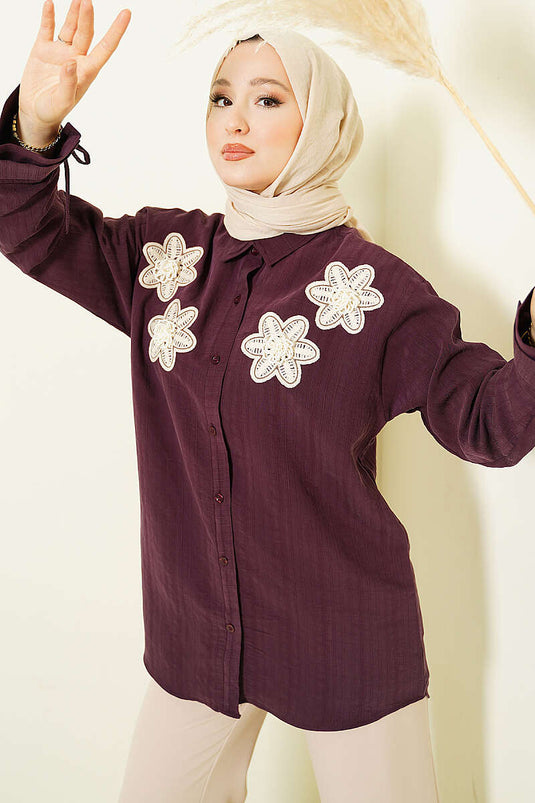 Chemise en modal brodée de fleurs perlées couleur prune