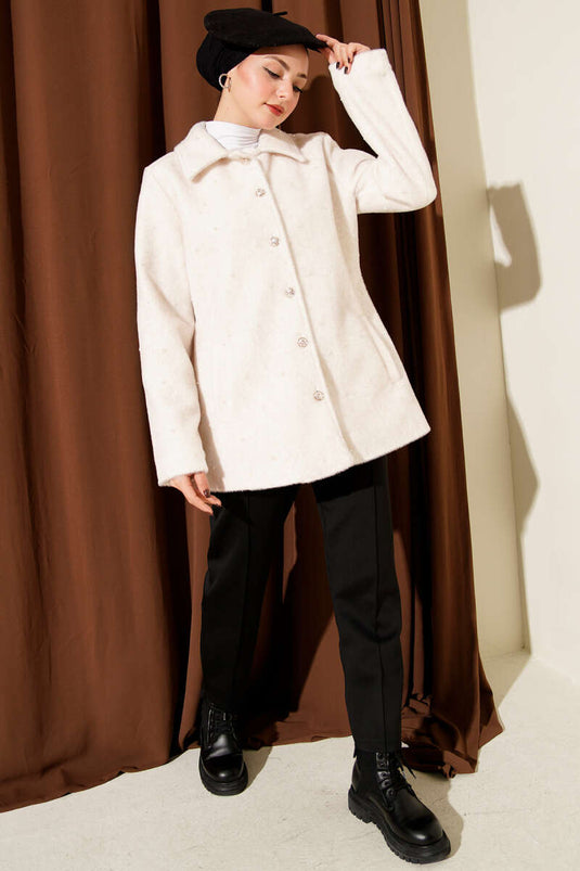 İncili Düğmeli Tay Tüyü Kaban Bej