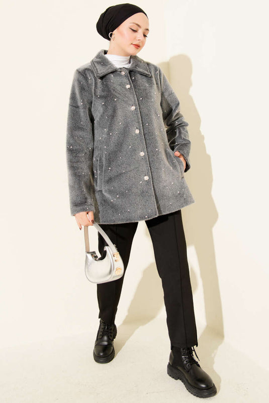 İncili Düğmeli Tay Tüyü Kaban Füme