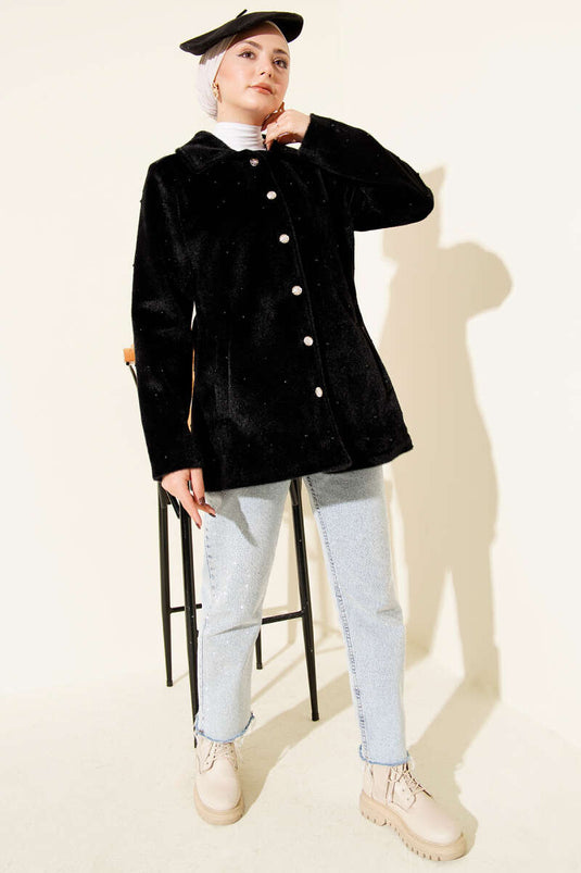 İncili Düğmeli Tay Tüyü Kaban Siyah