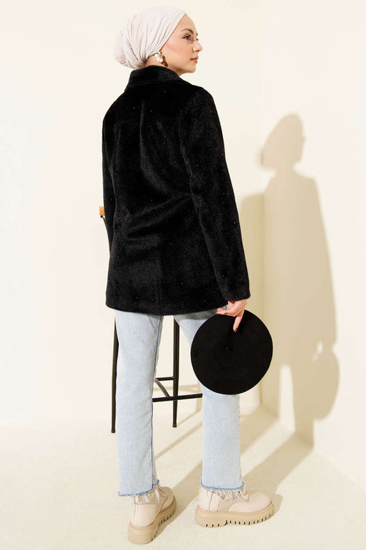 İncili Düğmeli Tay Tüyü Kaban Siyah