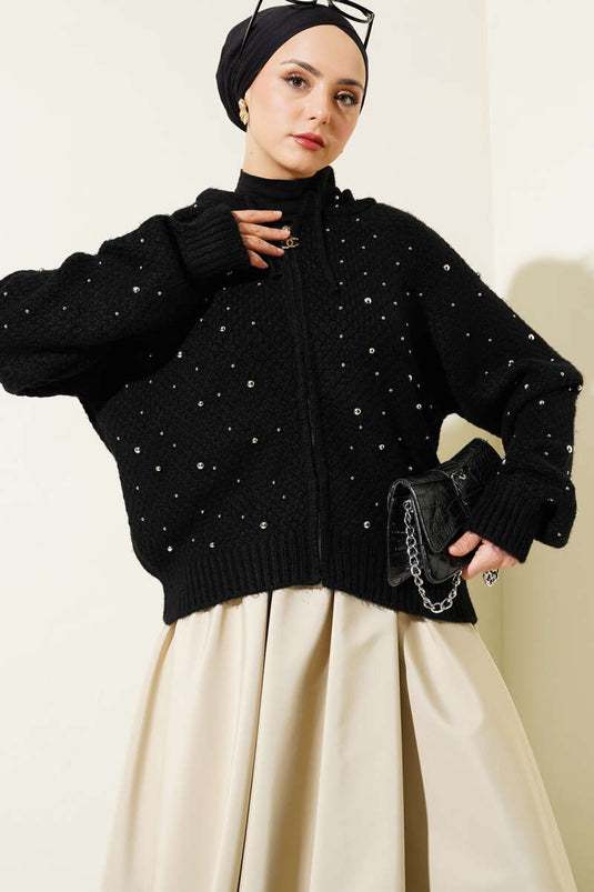 Gilet court en maille à capuche nacrée noire