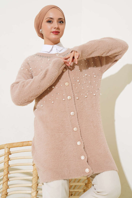 Pearl Bearded Buttoned Long Cardigan Biscuit