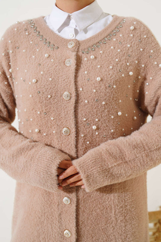Pearl Bearded Buttoned Long Cardigan Biscuit