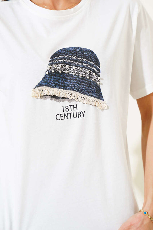 Pearl Hat Embroidered T-shirt Ecru