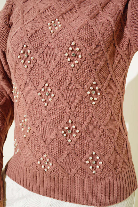 Perlen-Strickpullover mit halbem Rollkragen, Dusty Rose