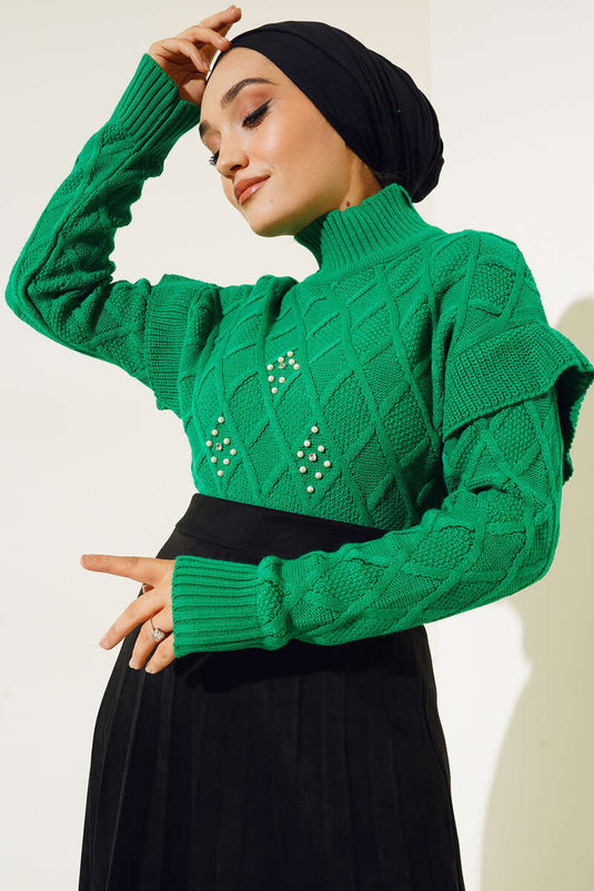 Jersey De Punto Con Medio Cuello Alto Perla Verde