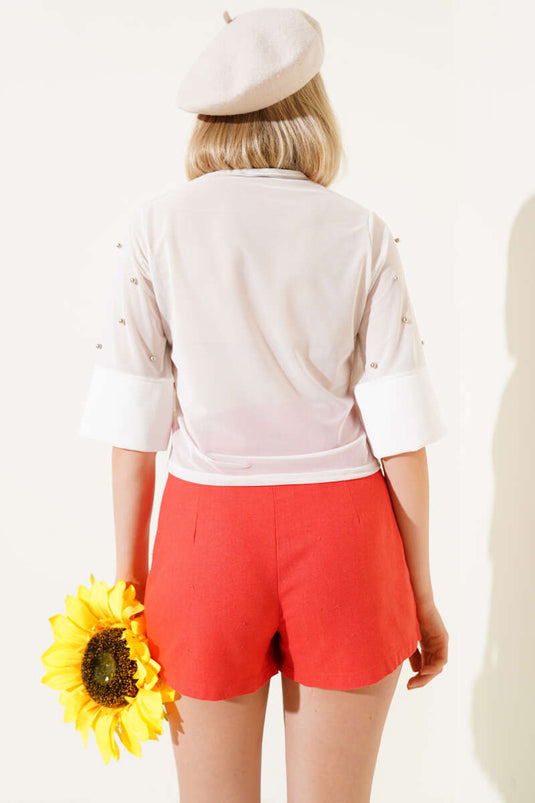 İncili Yarım Kol Tül Bluz Beyaz