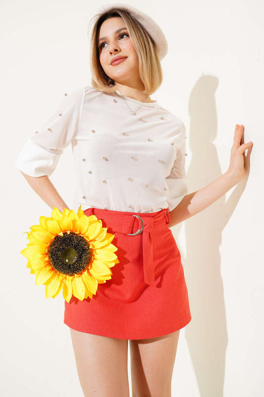 İncili Yarım Kol Tül Bluz Beyaz