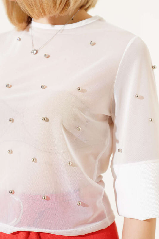 Pearl Half Sleeve Tulle Blouse White