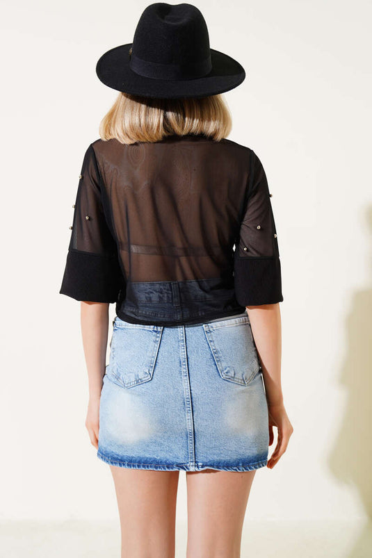 Pearl Half Sleeve Tulle Blouse Black