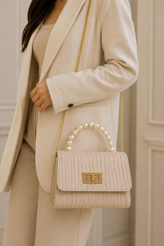 Beige Hand and Shoulder Bag with Pearl Chain Handle