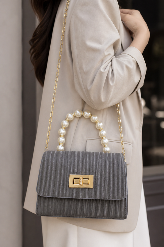 Pearl Chain Handle Hand and Shoulder Bag Gray