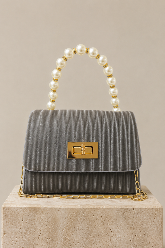 Pearl Chain Handle Hand and Shoulder Bag Gray
