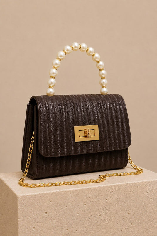 Hand and Shoulder Bag with Pearl Chain Handle Brown