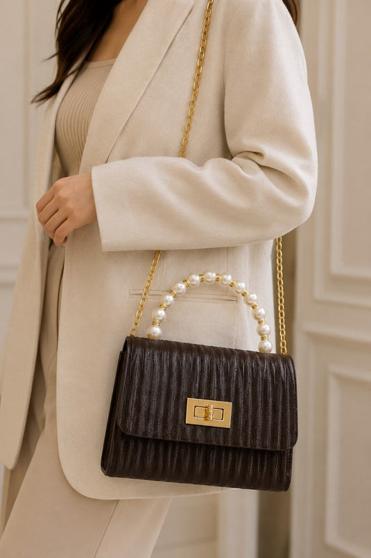 Hand and Shoulder Bag with Pearl Chain Handle Brown