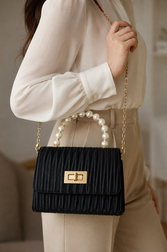 Black Hand and Shoulder Bag with Pearl Chain Handle