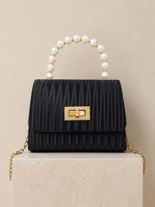 Black Hand and Shoulder Bag with Pearl Chain Handle
