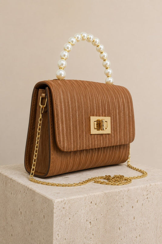 Hand and Shoulder Bag with Pearl Chain Handle, Cognac