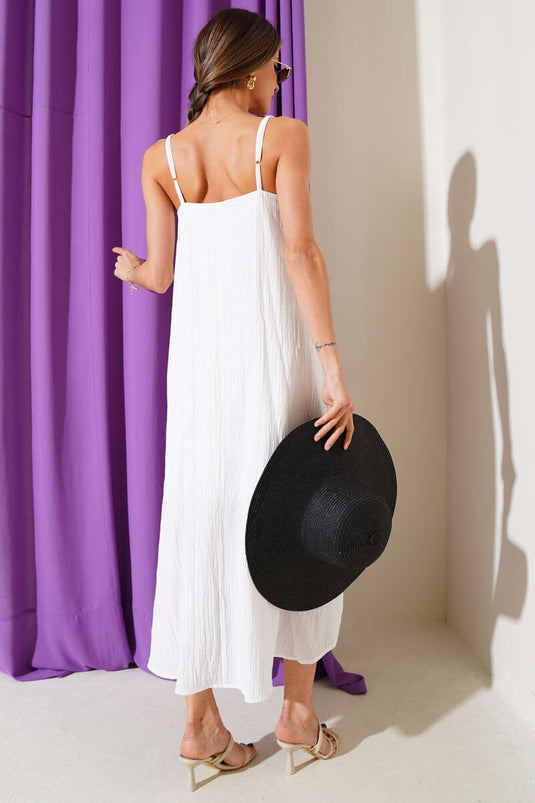 Robe midi blanche à bretelles en corde et motif écorce d'arbre