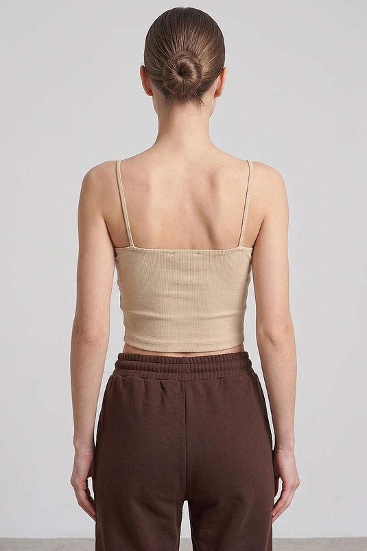 İp Askılı Göğüs Pedli Crop Bej