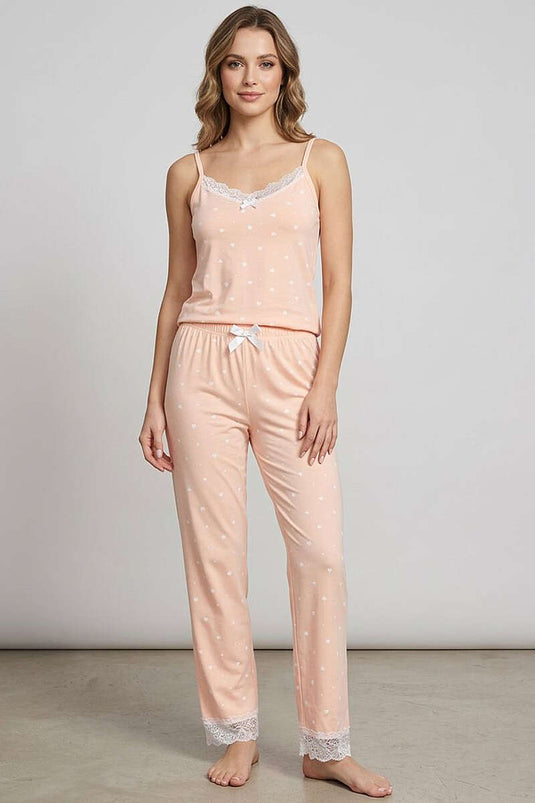 Ensemble pyjama short à bretelles fines avec imprimé cœur, couleur corail pâle