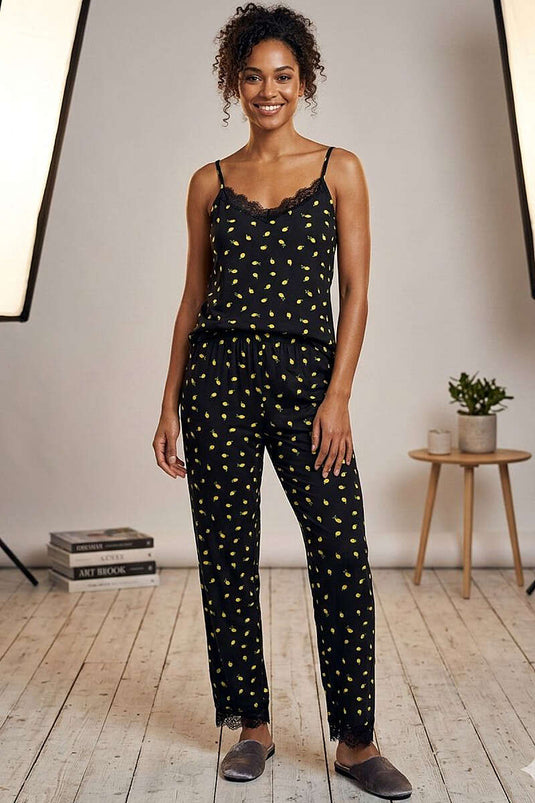 Ensemble pyjama à bretelles fines motif citron noir
