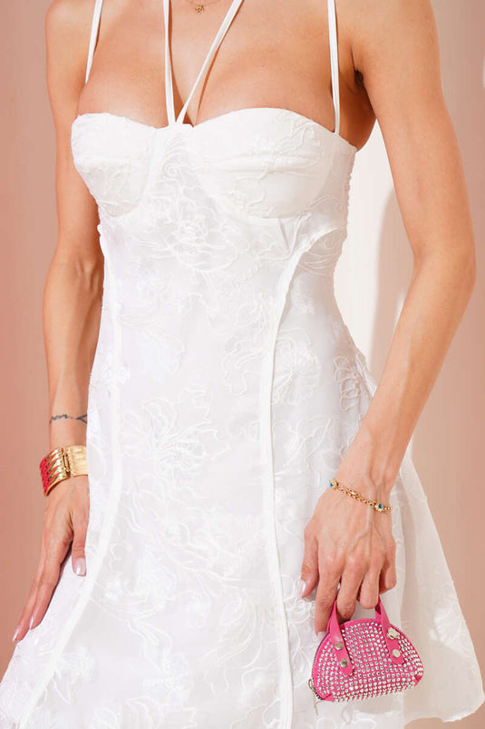 Embroidered Mini Dress with Rope Straps, White