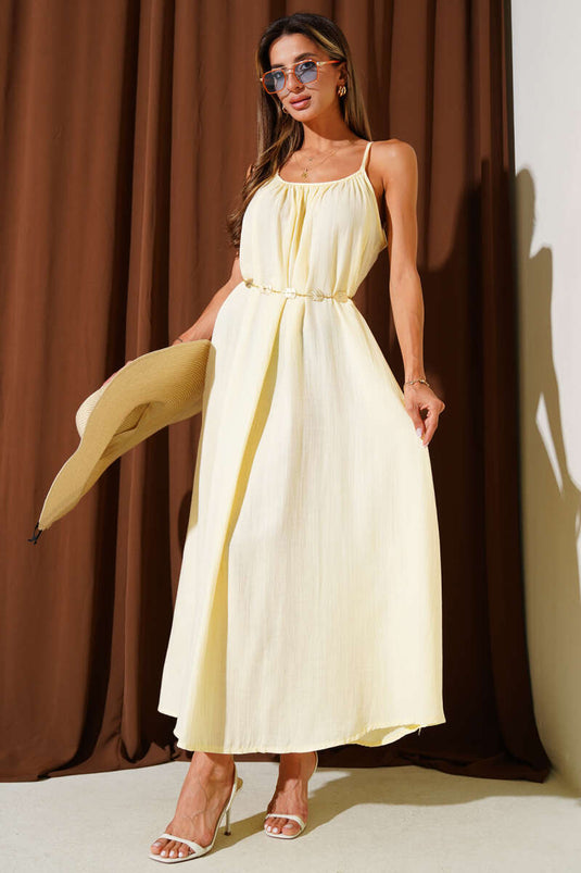 فستان موسلين فضفاض بأشرطة، أصفر