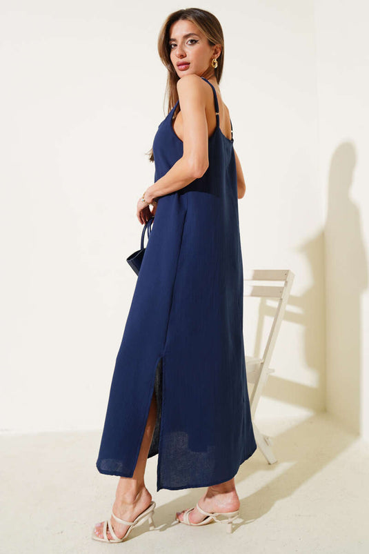 Rope Strap Side Slit Muslin Dress Navy Blue