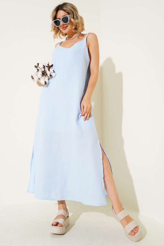 Strappy Muslin Dress with Side Slit, Blue