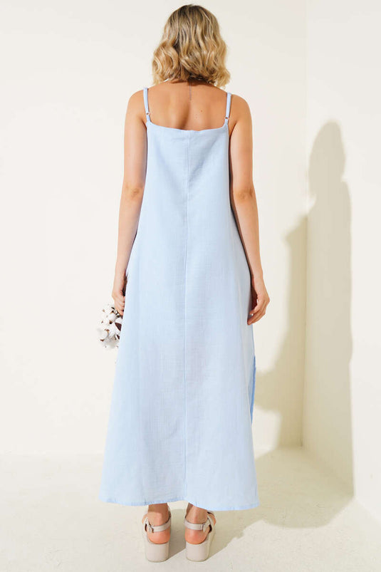 Strappy Muslin Dress with Side Slit, Blue