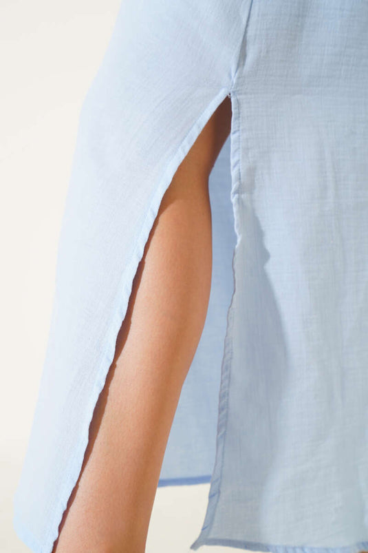 Strappy Muslin Dress with Side Slit, Blue