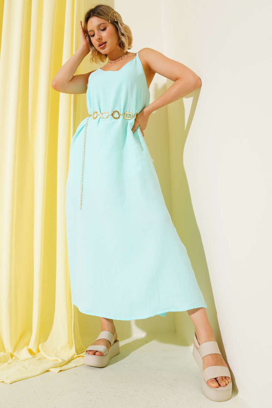 فستان موسلين بحمالات وفتحة جانبية، لون نعناعي