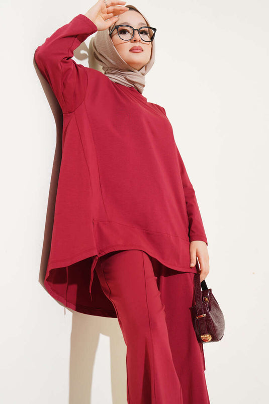 Basic Two Piece Set with Rope Lace Detail Claret Red