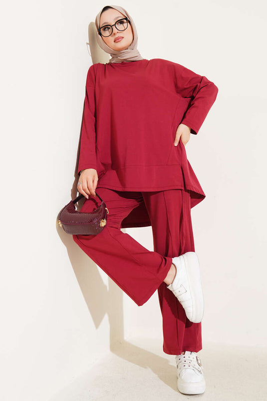 Basic Two Piece Set with Rope Lace Detail Claret Red