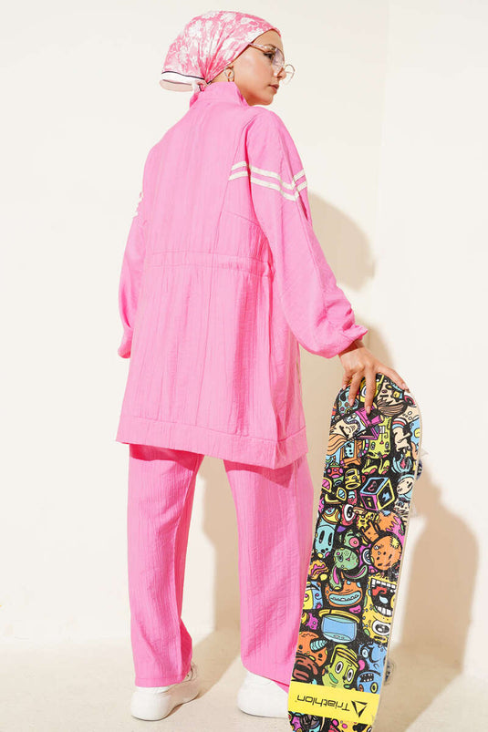 İp Bağcık Detaylı Garnili İkili Takım Pembe