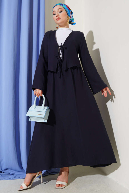 Ensemble deux pièces avec jupe kimono à cordes, bleu marine