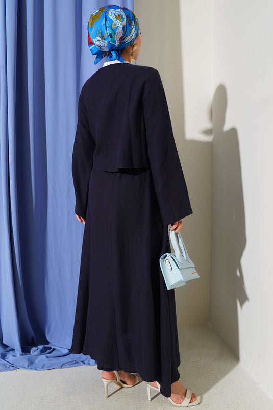 Ensemble deux pièces avec jupe kimono à cordes, bleu marine