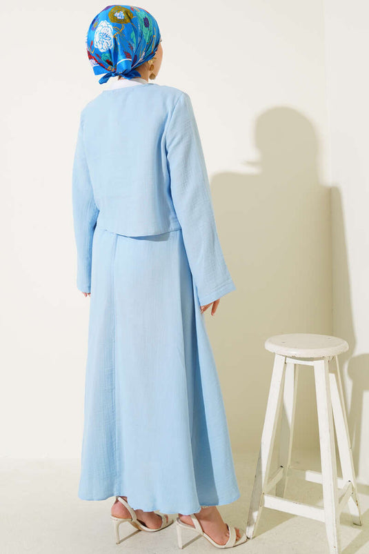 String Tie Kimono Skirt Two Piece Set Blue