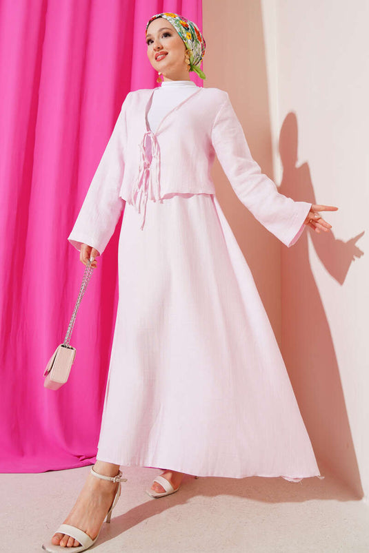 طقم تنورة كيمونو برباط من قطعتين باللون الوردي