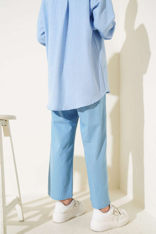 Elastic Waist Trousers with Rope Tie Denim Blue